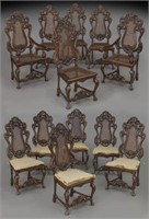 (12) Portuguese carved walnut cane chairs