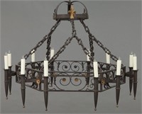 Large French iron hexagon shaped chandelier