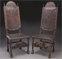 Near pair Portuguese embossed leather chairs,