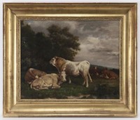 French School oil on board depicting cows