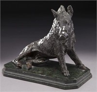Bronze boar raised on marble canted corner base,