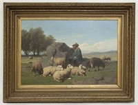 Louis Robbe "Shepherd With His Flock" oil on
