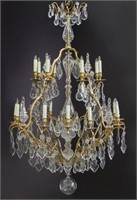 French bronze and crystal 20-light chandelier,