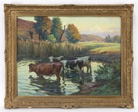 Claude Honore Hugrel "Cattle by River" oil and