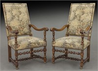 Pr. French walnut upholstered armchairs,