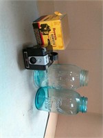Brownie Hawkeye camera, 2 blue vintage Ball jars