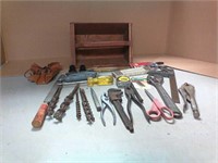 Wood tool box with drill bits,crescent wrenches,