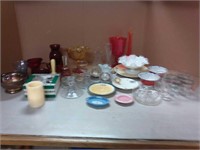 Red dishes, candle holders, bowls, glassware ++
