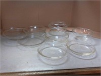 Pyrex pie pans and  glass bowls