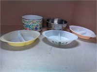 3 divided dishes 1 is fire king, enamel pot,