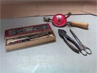 Vintage Irwin drill bits, hand drill, pliers/wire