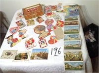 VALENTINE CARDS, POSTCARDS, OLD CIGAR BOX
