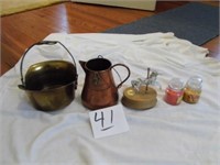 CANDLES, COPPER PITCHER, BRASS BUCKET