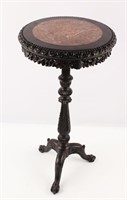 SMALL 3 LEG CARVED WOOD MARBLE TOP TABLE / STAND