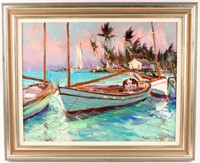 ROBERT C. GRUPPE FLORIDA CONCH BOATS OIL ON CANVAS