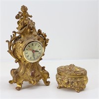 Art Nouveau Gold Dresser Box & Cherub Clock