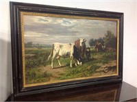 LARGE SIGNED COW PAINTING HUDSON RIVER VALLEY ERA