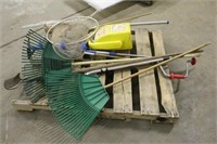 YARD RAKES WITH AUGER AND NETS AND MINNOW BUCKET