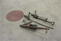 (3) VINTAGE PLANTERS, AND 25" SAW BLADE