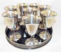 Set Of 8 Silver Plate Goblets On Round Tray