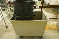 PLASTIC LAUNDRY CART & 3-PLASTIC GARBAGE CANS