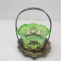 Green Hobnail Opalescent Dish in Silver Basket