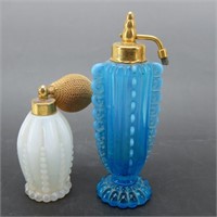 Two Opalescent Glass Perfume Atomizer Bottles