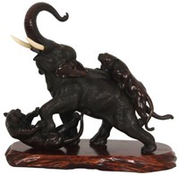 Meiji Style Bronze Elephant & Tiger Sculpture