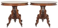 Pr. Walnut Oval Marble Top Tables