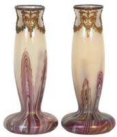 Pr. Brass Mounted Iridescent Art Glass Vases