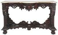 Carved Rosewood Marble Top Console