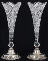 Pr. Signed Hawkes Sterling & Cut Glass Vases