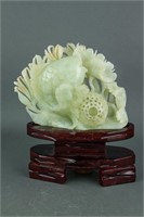Chinese Green Hardstone Carved Fish on Stand