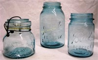 3 Antque Blue Glass Mason Jars