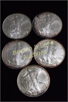 GROUP OF 5 US SILVER AMERICAN EAGLES FROM