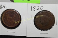 US 1820 AND 1851 LARGE SIZE COPPER PENNIES