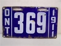 1911 ONTARIO SSP LICENSE PLATE - SOME EDGE WEAR -