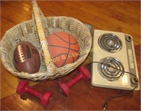 Basketball, football, and arm weights
