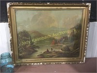 Very old wooden framed litho - Hunters by Lake