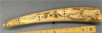 Scrimshawed fossilized walrus tusk 13.5" long by