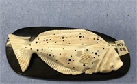 5 1/4" fossilized walrus ivory halibut with inlaid