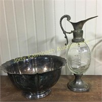 Silverplate bowl & glass pitcher
