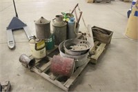 MILK CAN, ASSORTED TIN BUCKETS, VINTAGE OIL CANS,