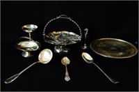 Silver plate serving trays, baskets