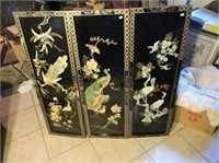 3 Asian wall panels, black lacquer and stone