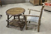 RUSTIC PINE CHAIR WITH TABLE, APPROX 30"x26"