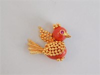 18K Gold & Coral Bird Pin