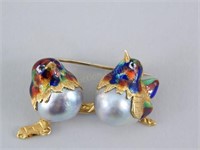 18K Gold.Baroque Pearls & Enamel Love Birds Pin