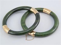 Pair of 14K Gold & Spinach Jade Hinged Bracelets