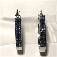Sterling silver blue diamond hoop earrings